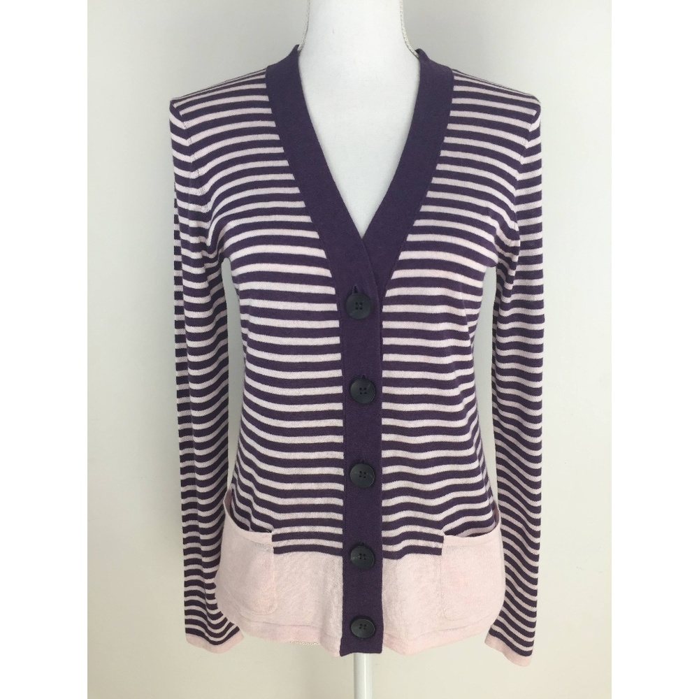 vkoo Purple Beige Striped Women's Cardigan Sweater